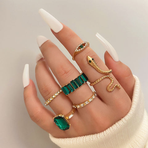 Women's Fashion Geometric With Green Rhinestone Ring Set Rimantojewelry