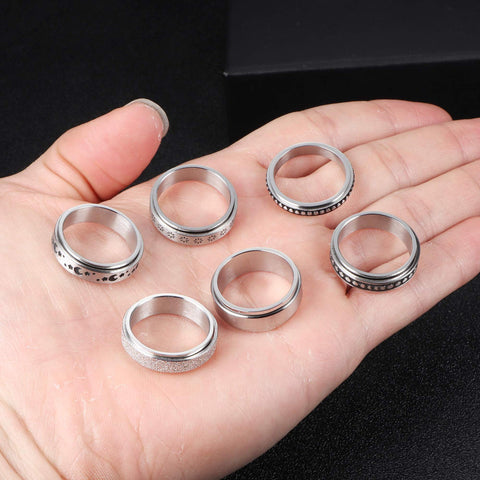 Stainless Steel Rotatable Spinner Ring Moon Stars Relieve Anxiety Rings 6 pcs