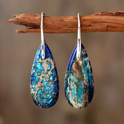 New Bohemian Emperor Stone Water Drop Pendant Earrings elegacneblue