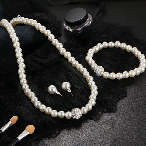 The new bride sweater chain necklace jewelry suite all-match diamond pearl necklace earrings bracelet set Rimantojewelry