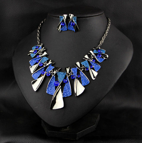 Metal Geometric Shape Rhinestone Earring Necklace Rimantojewelry