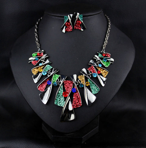 Metal Geometric Shape Rhinestone Earring Necklace Rimantojewelry