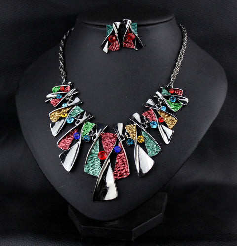 Metal Geometric Shape Rhinestone Earring Necklace Rimantojewelry