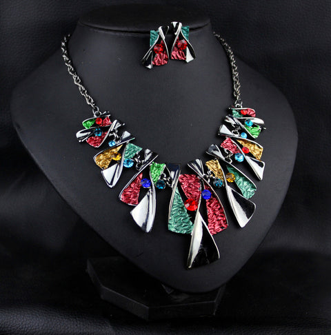 Metal Geometric Shape Rhinestone Earring Necklace Rimantojewelry