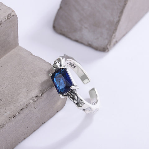S925 Sterling Silver Treasure Square Blue Zirconium Ring Small Design Treasure Rimantojewelry
