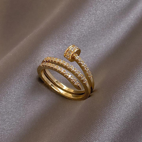 Multi-Layer Nail Inlaid with Rhinestones Round Open Rings for Women Korean Fashion Charm Lady Wedding Bands Party Classic Rings dark gold