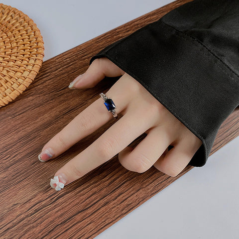 S925 Sterling Silver Treasure Square Blue Zirconium Ring Small Design Treasure Rimantojewelry