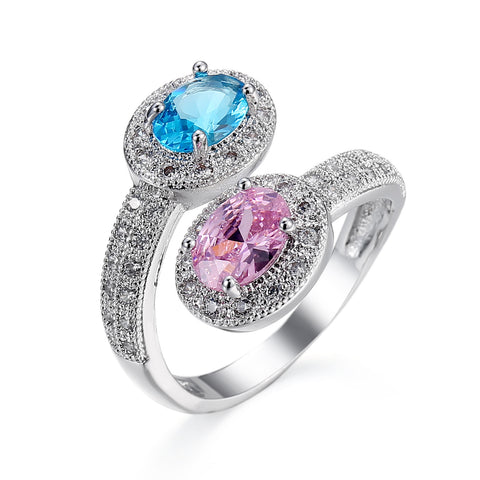 1pc Fashionable Creative Pink & Blue Double-headed Adjustable Zircon Ring For Women