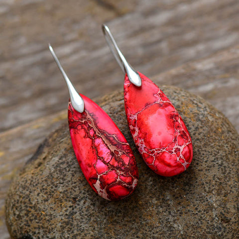 New Bohemian Emperor Stone Water Drop Pendant Earrings bloodred