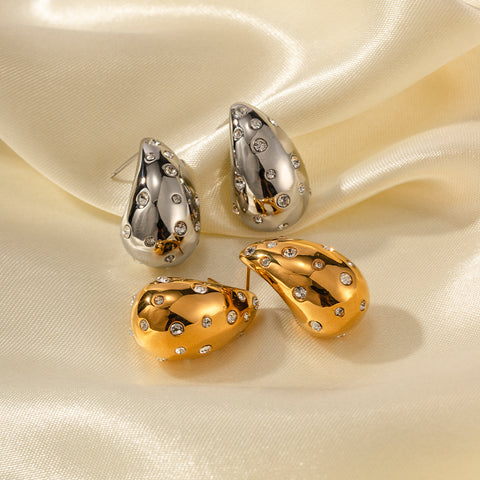 18K Gold-plated Stainless Steel Inlaid Zircon Chubby Stud Earrings Rimantojewelry