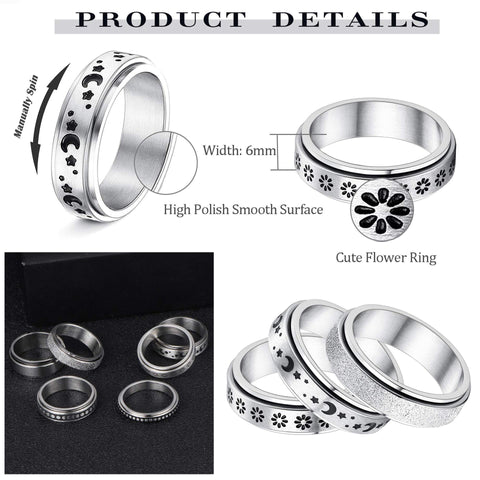 Stainless Steel Rotatable Spinner Ring Moon Stars Relieve Anxiety Rings details