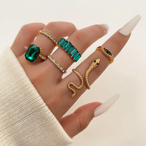 Women's Fashion Geometric With Green Rhinestone Ring Set green