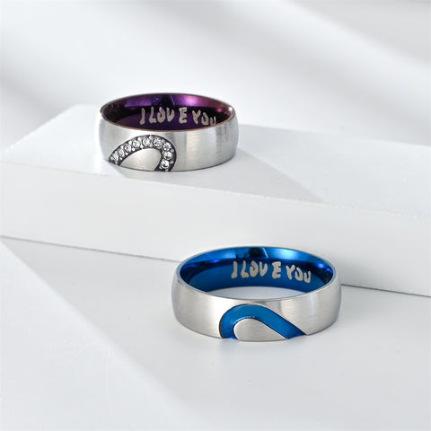 Heart Shape With Diamond Stainless Steel I LOVE YOU Couple Ring blue purple