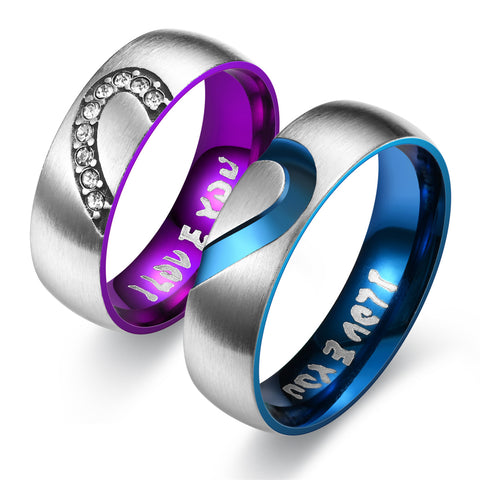 Heart Shape With Diamond Stainless Steel I LOVE YOU Couple Ring both