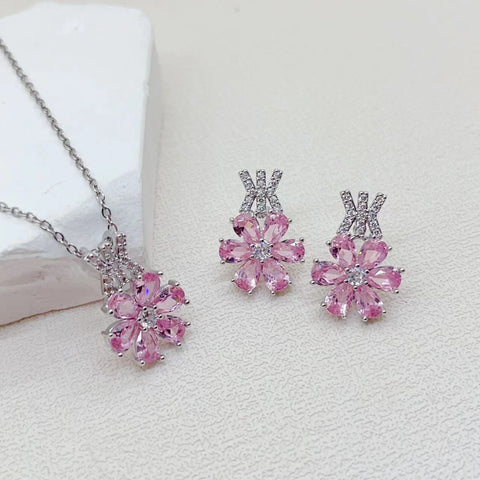 Copper Plated Gold Hand Inlaid Pink Water Drop Flower Fashion Rimantojewelry