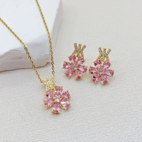Copper Plated Gold Hand Inlaid Pink Water Drop Flower Fashion Rimantojewelry