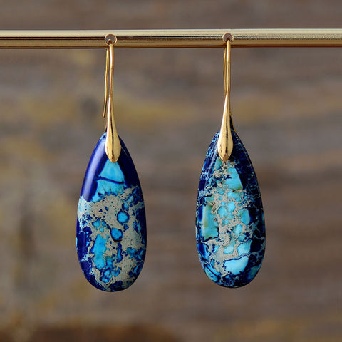 New Bohemian Emperor Stone Water Drop Pendant Earrings dark blue