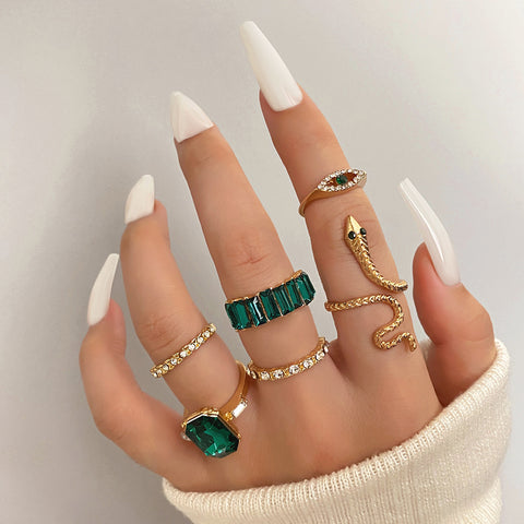 Women's Fashion Geometric With Green Rhinestone Ring Set snake