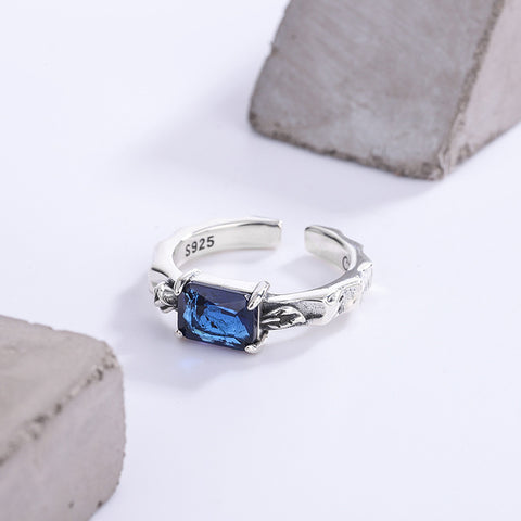 S925 Sterling Silver Treasure Square Blue Zirconium Ring Small Design Treasure Rimantojewelry