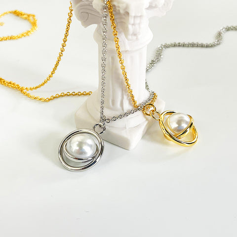 All-match Rotatable Sweater Necklace High Sense silver pearl