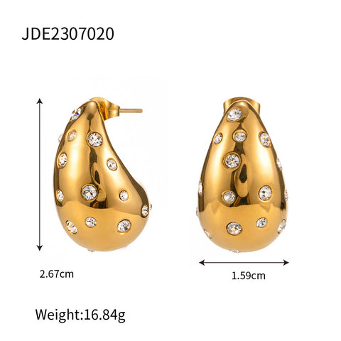 18K Gold-plated Stainless Steel Inlaid Zircon Chubby Stud Earrings Rimantojewelry