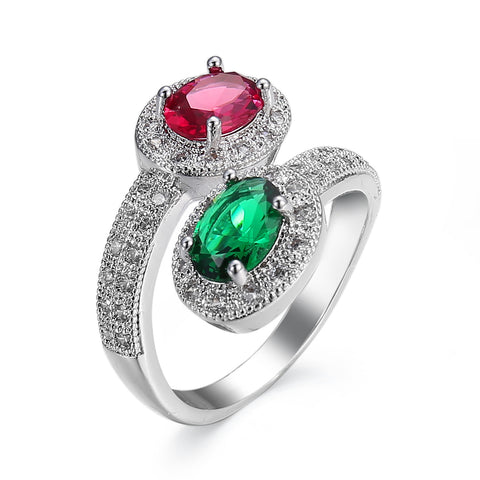 1pc Fashionable Creative red and green Double-headed Adjustable Zircon Ring For Women