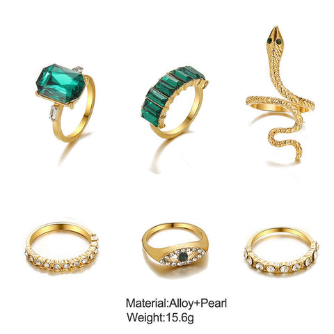 Women's Fashion Geometric With Green Rhinestone Ring Set alloy