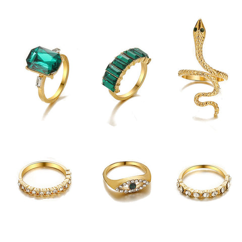 Women's Fashion Geometric With Green Rhinestone Ring Set seeparate